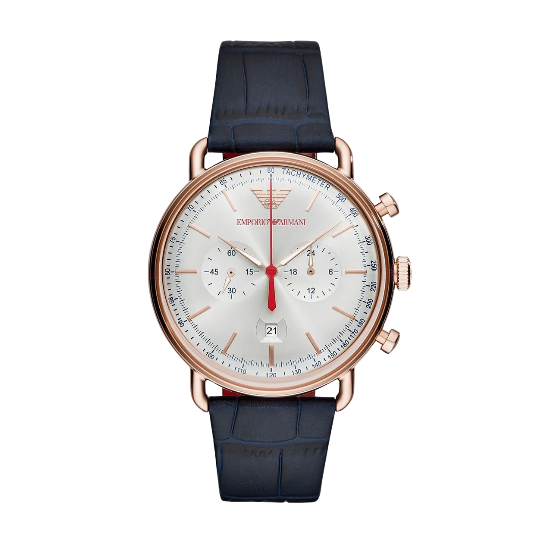 Emporio Armani Men’s Chronograph Quartz Blue Leather Strap Silver Case 43mm Watch AR11123