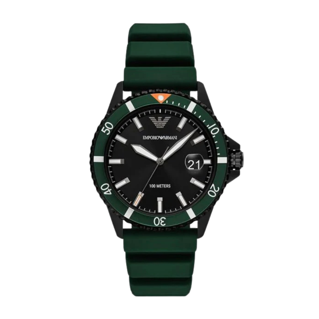 Emporio Armani Men’s Quartz Green Silicone Strap Black Case 42mm Watch AR11464