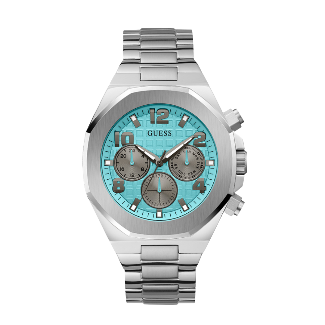Guess Mens Silver Stainless Steel Case Blue Dial With Day-Date Silver Tone Stainless Steel Bracelet Watch