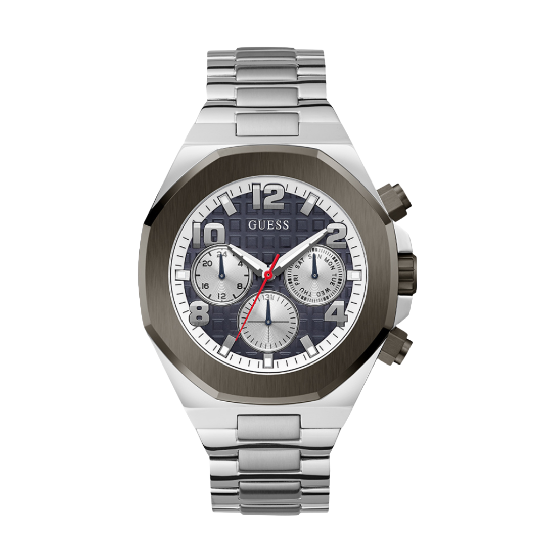 Guess Mens Silver Stainless Steel Case With Day-Date Navy Blue Dial Silver Stainless Steel Bracelet Watch