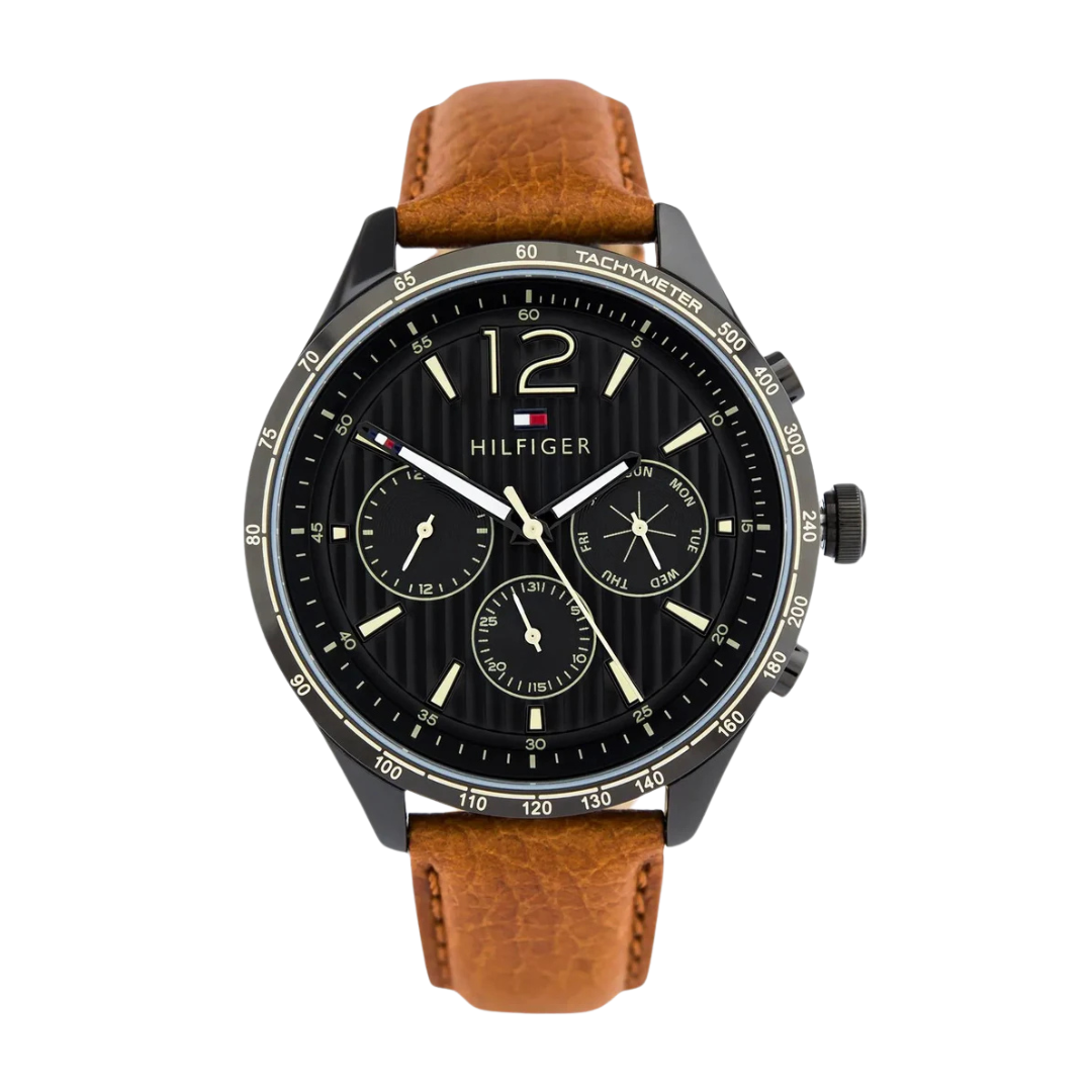 Tommy Hilfiger Men’s Quartz Brown Leather Strap Black Case 44mm Watch 1791470
