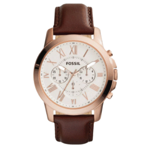 Fossil Grant Brown Leather Strap White Dial Chronograph Quartz Watch for Gents - FS4991