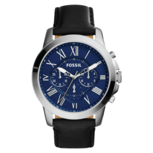Fossil Men’s Chronograph Quartz Black Leather Strap Blue Dial 44mm Watch FS4990