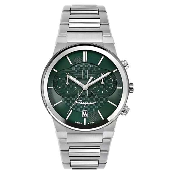 Ferragamo Men’s Swiss Made Quartz Silver Stainless Steel Green Dial 41mm Watch SFME00421