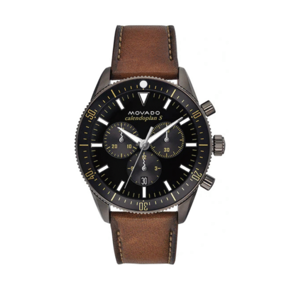 Movado Men’s Swiss Made Quartz Brown Leather Strap Black Case 42mm Watch 3650060
