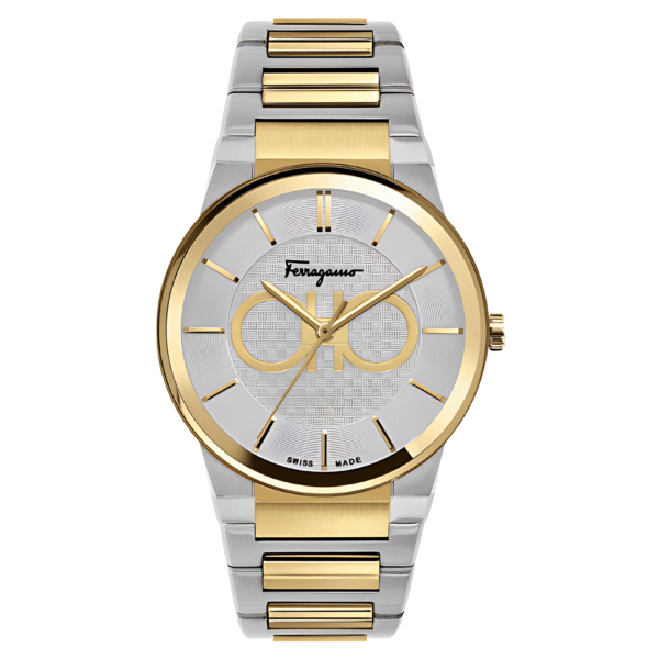 Ferragamo Swiss Made Quartz Two Tone Stainless Steel Silver Dial 41mm Watch SFHP520
