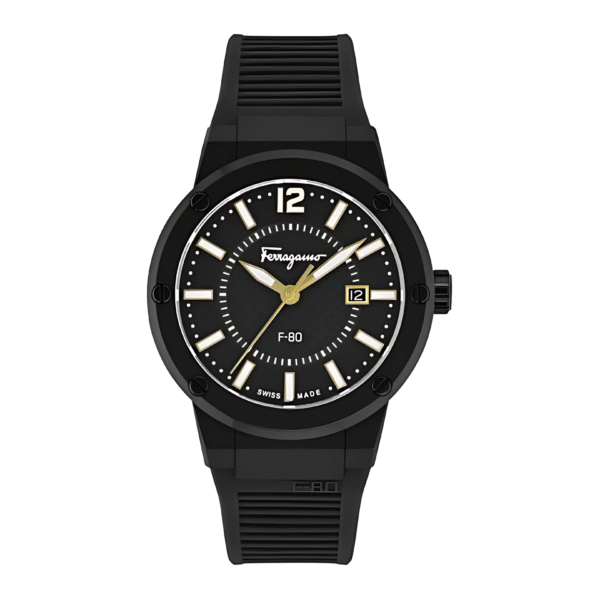 Ferragamo Men’s Swiss Made Quartz Black Silicone Strap Black Dial 44mm Watch SFHY01622