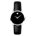 Movado Women’s Swiss Made Quartz Black Leather Strap Black Dial 28mm Watch 0607274