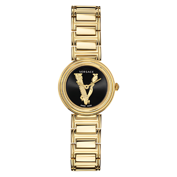 Versace Women’s Quartz Swiss Made Gold Stainless Steel Black Dial 28mm Watch VET300121