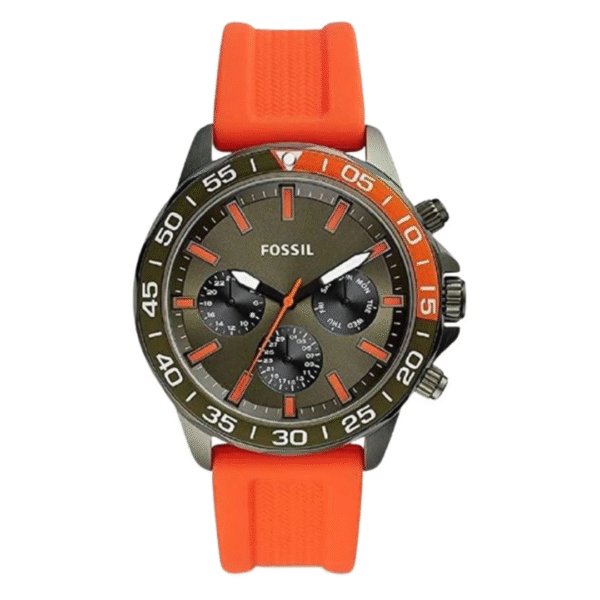 Fossil Men’s Chronograph Quartz Orange Silicone Strap Green Dial 45mm Watch BQ2500